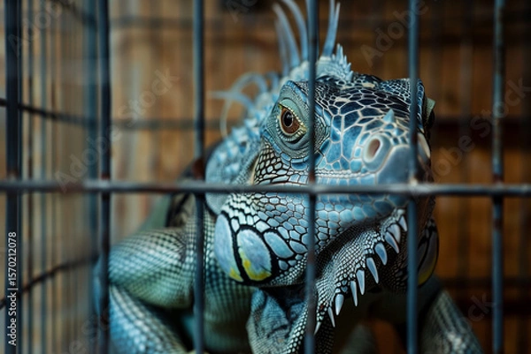 Fototapeta Caged Iguana staring outward behind cold steel bars, face pressed near metal as it sits trapped in artificial space