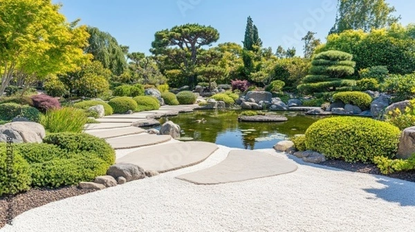 Fototapeta Serene zen garden with winding pathways and tranquil water feature.