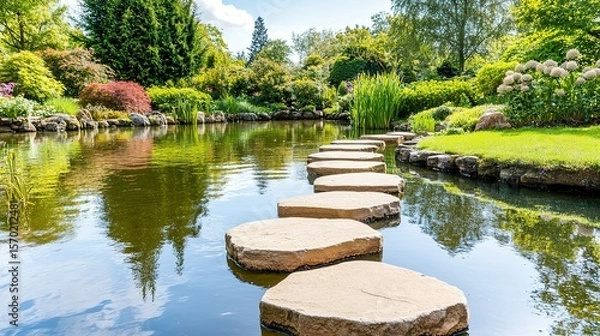 Fototapeta Stones form a peaceful path across a tranquil pond.