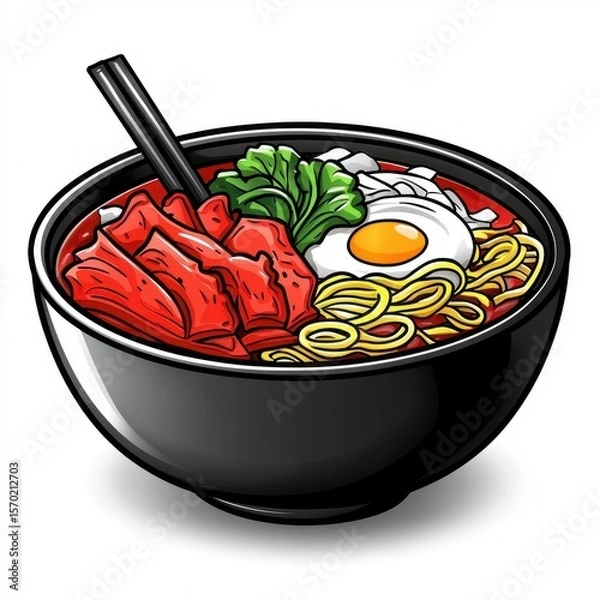 Fototapeta Spicy Red Ramen Noodles with Fried Egg and Meat in Black Bowl