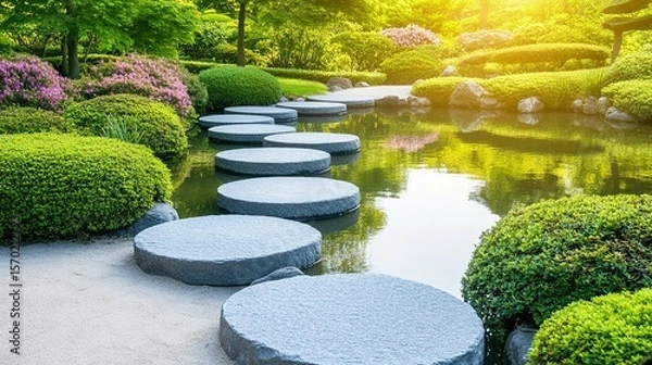 Fototapeta A serene garden path across a tranquil pond.