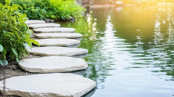 Fototapeta Pathway of smooth stones leading across a tranquil pond.