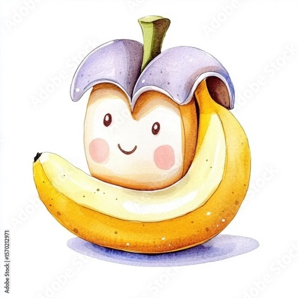 Fototapeta Smiling Toast with Apple Cap and Banana Watercolor Illustration