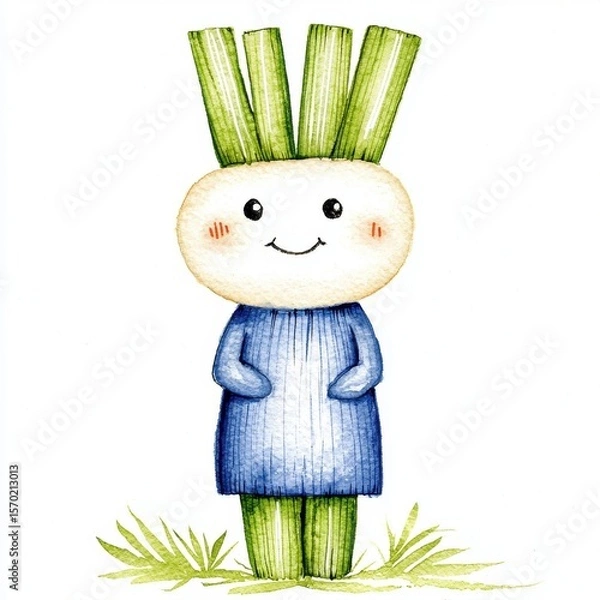 Fototapeta Smiling Turnip Character Illustration with Green Onion Hair