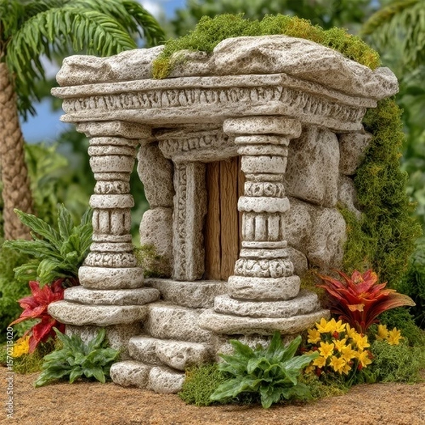 Fototapeta Stone Miniature Ruin with Columns and Tropical Plants