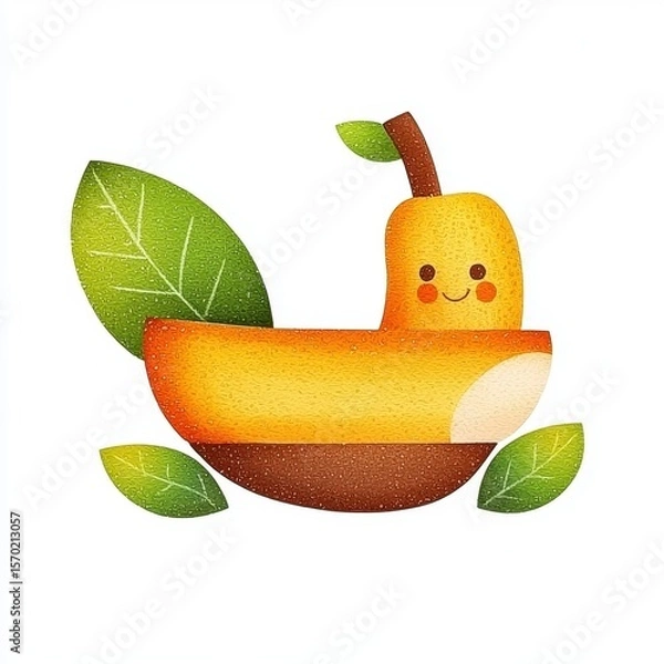 Fototapeta Smiling Yellow Pear Character in a Fruit Boat with Green Leaves