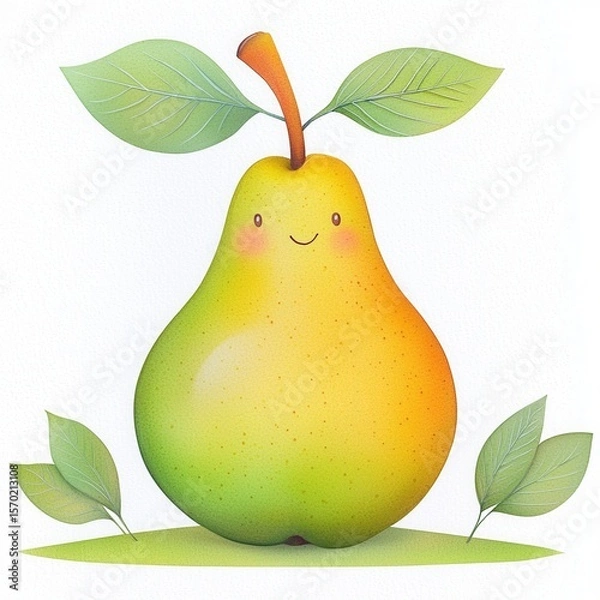 Fototapeta Smiling Yellow and Green Pear Illustration with Leaves
