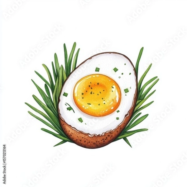 Fototapeta Soft Boiled Egg with Runny Yolk and Chives on White Background