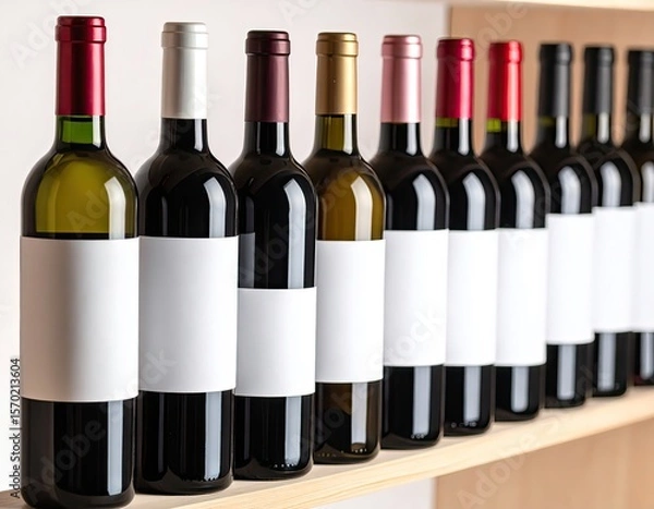 Fototapeta Wine Bottles Collection with Blank Labels on Shelf