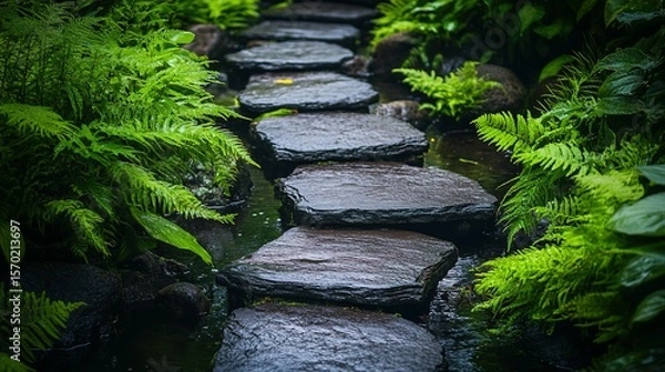 Fototapeta Dark gray stone pathway with lush green ferns.