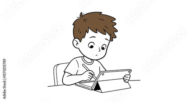 Fototapeta Young boy studying with tablet and writing notes at a desk  