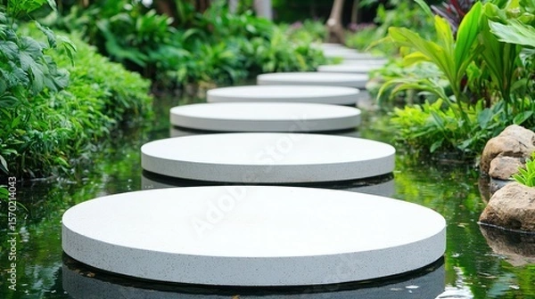 Fototapeta Smooth, round stones form a tranquil pathway through a serene water garden.