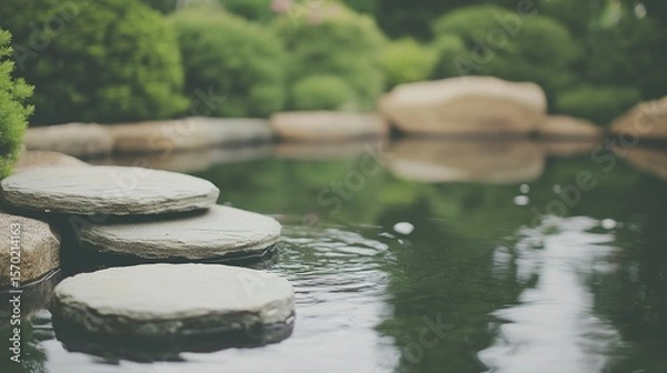 Fototapeta Calm stone steps leading into a serene pond.
