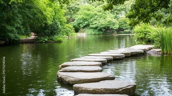 Fototapeta Smooth stones form a tranquil path across a serene pond.