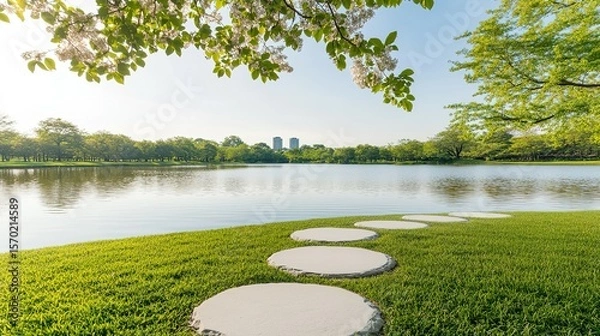 Fototapeta Serene park scene by a tranquil lake.