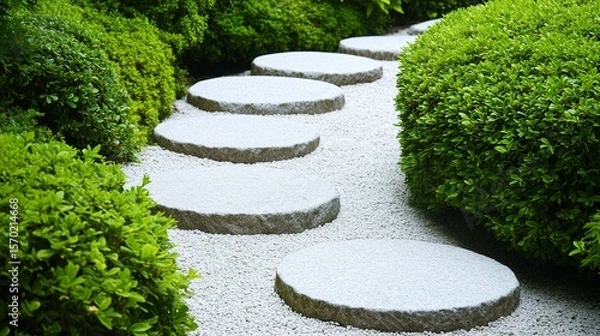Fototapeta Stone steps winding through a serene garden.