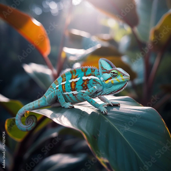 Obraz Colorful Chameleon on a Lush Leaf