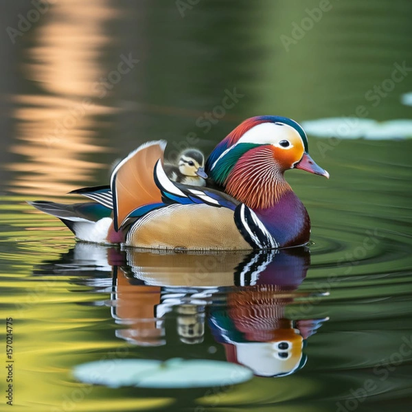 Obraz Mandarin Duck with Chick on Water
