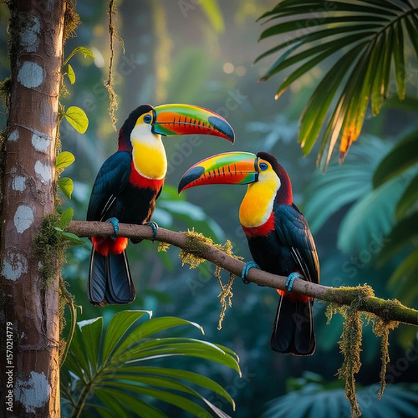 Obraz Two Colorful Toucans in a Lush Tropical Forest