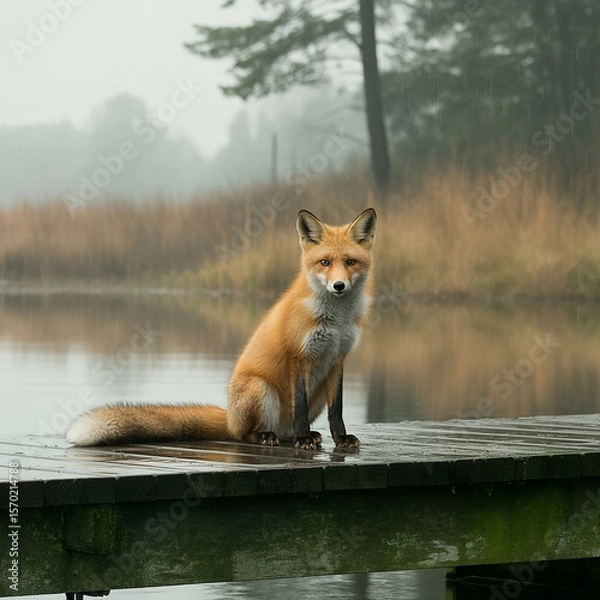 Obraz Red Fox on a Wooden Dock in the Rain