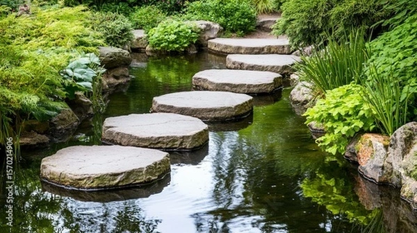 Fototapeta Smooth stones form a tranquil pathway through a garden pond.