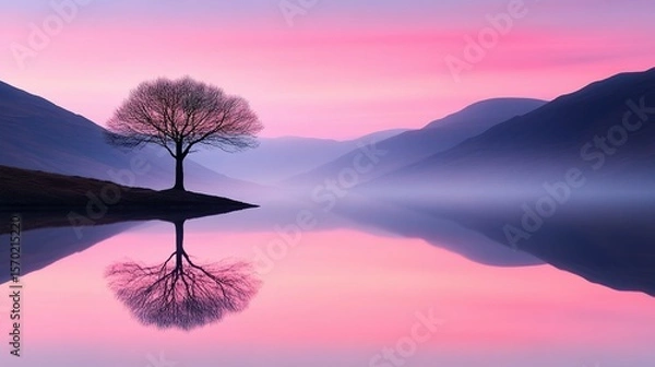 Fototapeta A serene lake reflecting a lone tree at dawn.