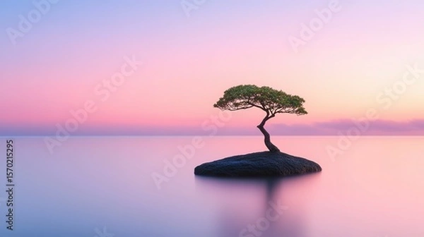 Fototapeta Solitary tree on a rock in calm water at dawn.