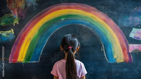 Fototapeta Young Student Creating Colorful Rainbow Drawing on Chalkboard for School Assignment