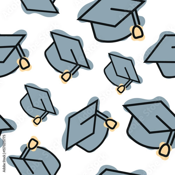 Obraz Seamless pattern with graduation cap icon, combining line art style and abstract color spots arranged randomly, for school print, textile or other various designs