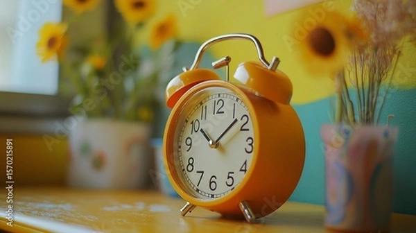 Fototapeta Cheerful Clock Displaying School Start Time in a Classroom Setting