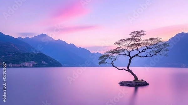 Fototapeta Solitary tree on an island in a serene lake at dawn.