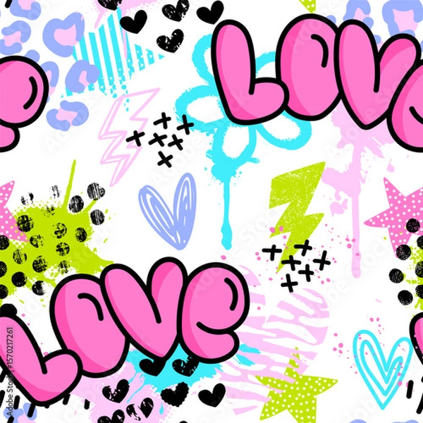 Obraz Abstract seamless chaotic pattern with graffiti words, spots and hearts. Grunge colorful background.