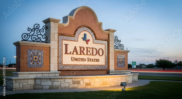 Obraz Laredo Welcome Sign At Dusk Featuring Ornate Tilework And Classic Southwestern Design