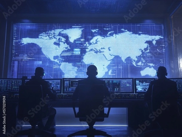 Fototapeta Global cyber network security operation center with analysts monitoring data