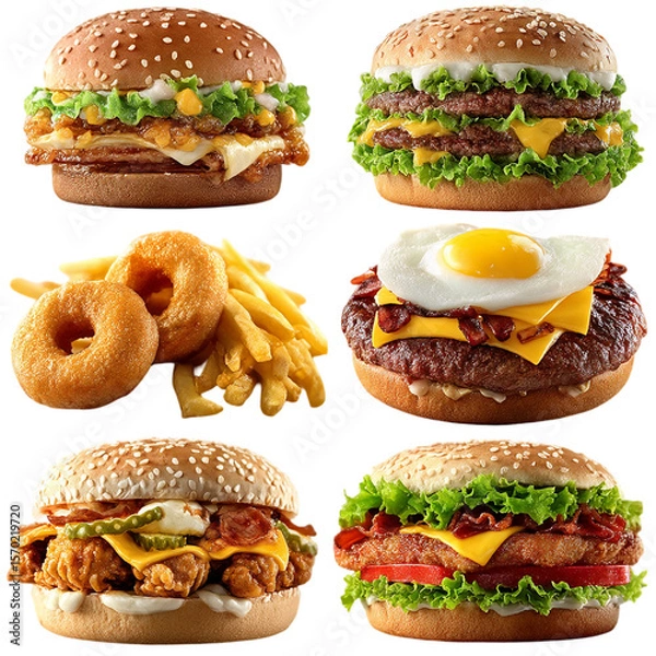 Fototapeta Delicious burgers with fries and onion rings for restaurant promotion  isolated on transparent background