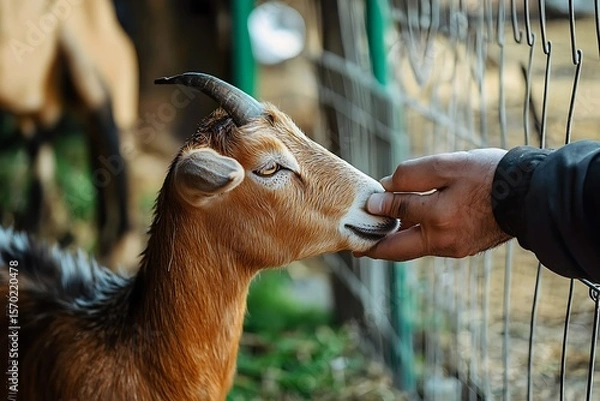 Fototapeta A man feeds a goats in a petting zoo. Be closer to animals and nature. Focus on the goat. Selective focus


