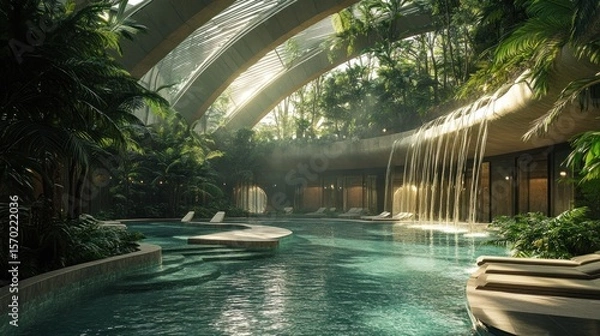 Obraz serene sanctuary a luxurious indoor pool oasis surrounded by lush tropical greenery and a cascading waterfall illuminated by soft natural light through architectural skylights creating a peaceful