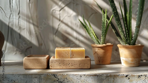 Fototapeta Natural Soap Display with Plants and Sunlight Shadows
