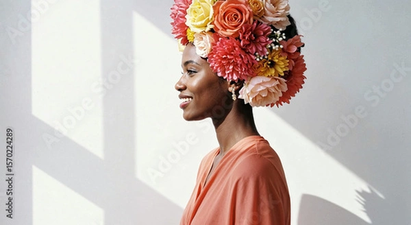 Fototapeta Elegant woman with floral headpiece and statement earrings