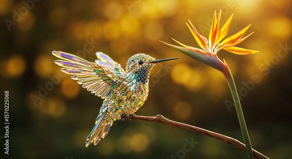 Fototapeta Crystal hummingbird approaching bird of paradise flower