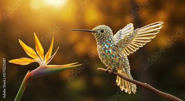 Fototapeta Crystal hummingbird approaching bird of paradise flower