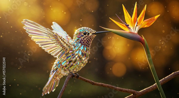 Fototapeta Crystal hummingbird approaching bird of paradise flower