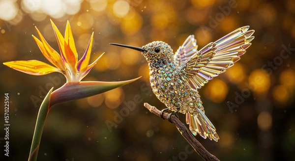 Fototapeta Crystal hummingbird approaching bird of paradise flower