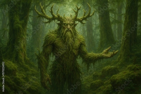 Fototapeta Majestic moss-covered forest guardian with ancient tree spirit and mythical woodland creature atmosphere