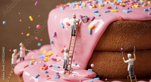 Fototapeta Miniature chefs decorating a cake with pink icing