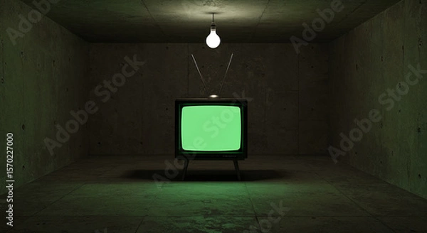 Fototapeta Vintage television with green screen in a dark concrete room