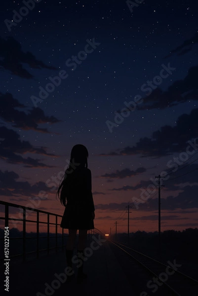 Obraz Lonely girl standing on a quiet bridge at dusk gazing at a distant glowing light under a vast starlit sky with deep twilight tones and soft clouds evoking feelings of solitude and wonder