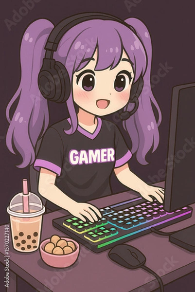 Obraz Cute anime style girl gamer with long purple pigtails wearing a headset and black gamer shirt enthusiastically playing on a colorful RGB mechanical keyboard at a desk with bubble tea and snacks