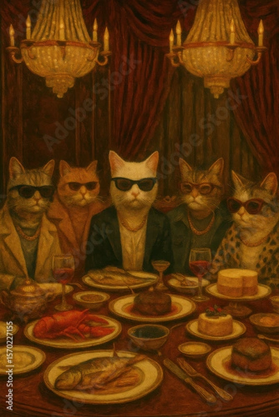 Obraz Anthropomorphic cats dressed in formal attire and sunglasses sitting at a luxurious dinner table with gourmet dishes and wine under elegant chandeliers in a lavishly decorated room