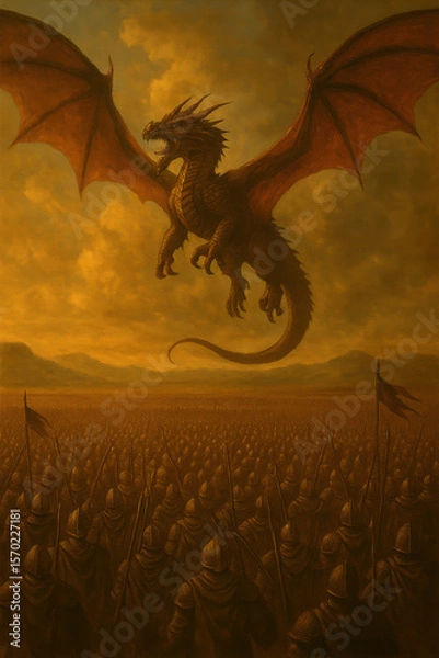 Obraz Epic fantasy illustration of large dragon with outstretched wings soaring above vast medieval army of knights holding spears under dramatic golden sky preparing for battle